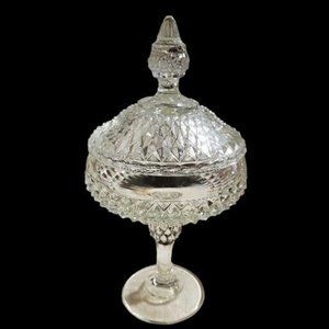 Vintage Indiana Cut Crystal Clear Diamond  Cut Pedestal Candy Dish Compote W/Lid
